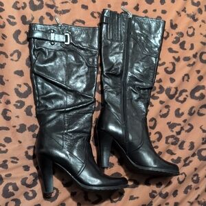 Guess Black Mid-Calf Heeled Boot with Buckle Detail